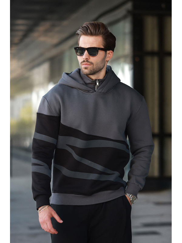 Madmext Füme Kapüşonlu Fermuar Yaka Desenli Erkek Sweatshirt E7162