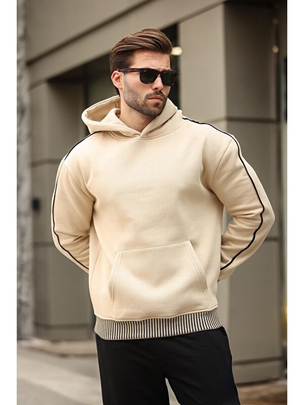 Madmext Bej Kapüşonlu Kanguru Cep Erkek Sweatshirt E
