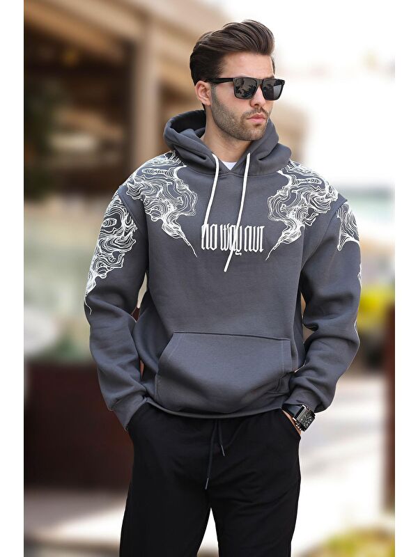 Madmext Füme Kapüşonlu Cep Detaylı Baskılı Erkek Sweatshirt 7052