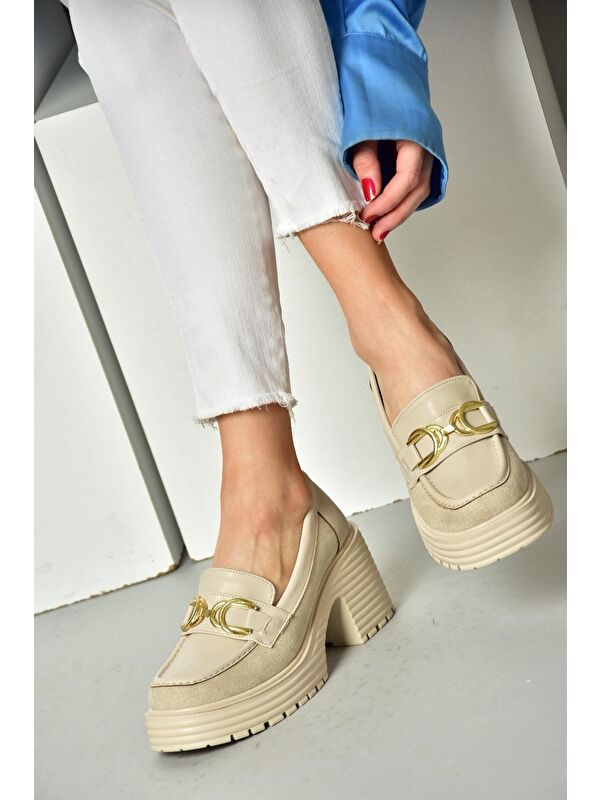 R9960500 Bej Kadın Topuklu Loafer Ayakkabı - Görsel 8