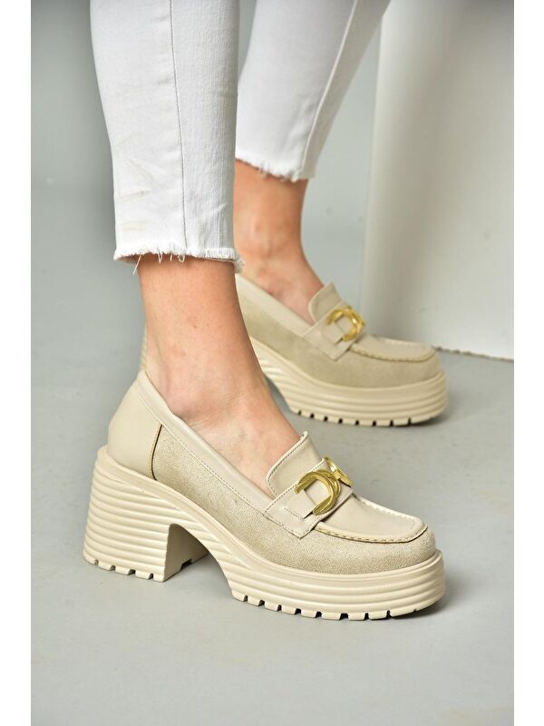 R9960500 Bej Kadın Topuklu Loafer Ayakkabı - Görsel 9