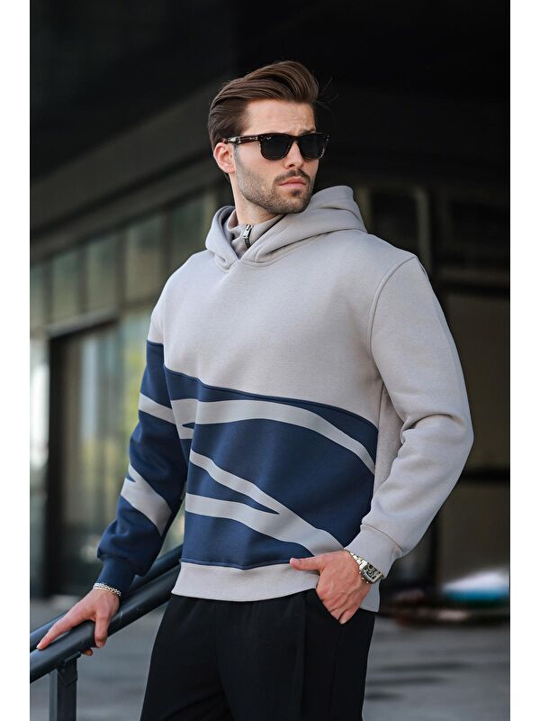 Madmext Boyalı Gri Kapüşonlu Fermuar Yaka Desenli Erkek Sweatshirt E7162