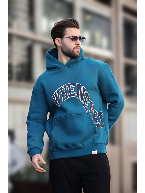 Madmext Petrol Mavisi Kapüşonlu Baskılı Cep Detaylı Erkek Sweatshirt E7065