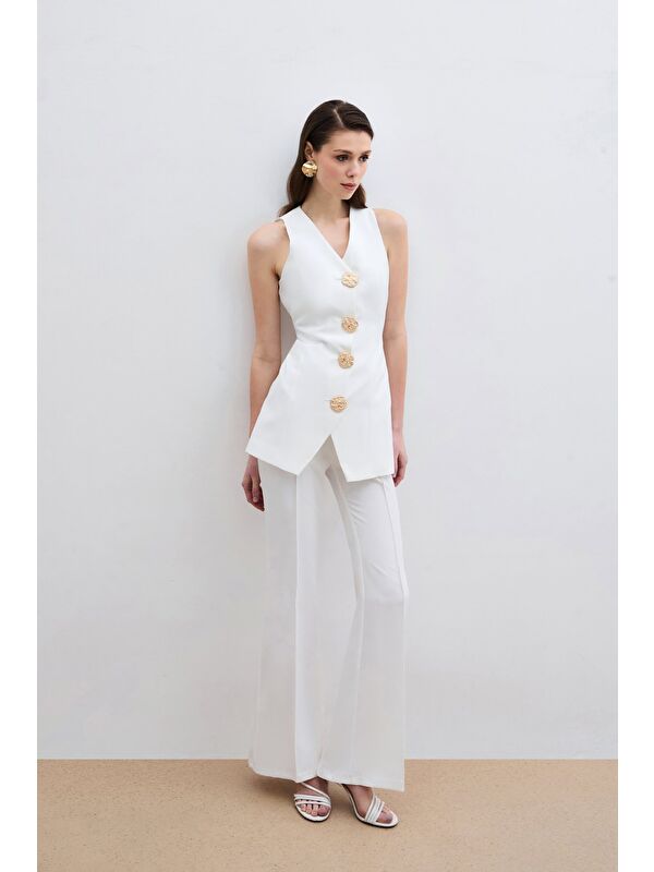 SATEEN Gold Düğmeli Yelek - Ekru