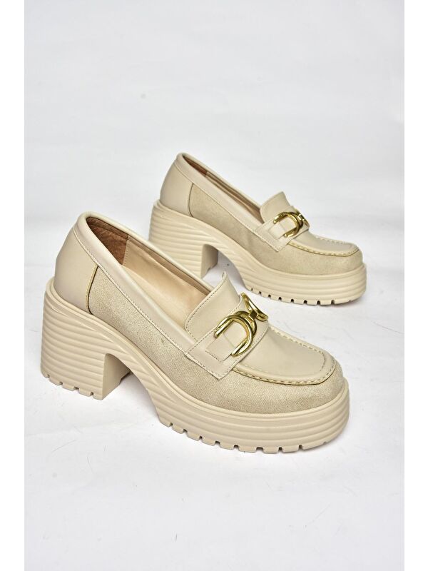 R9960500 Bej Kadın Topuklu Loafer Ayakkabı - Görsel 4