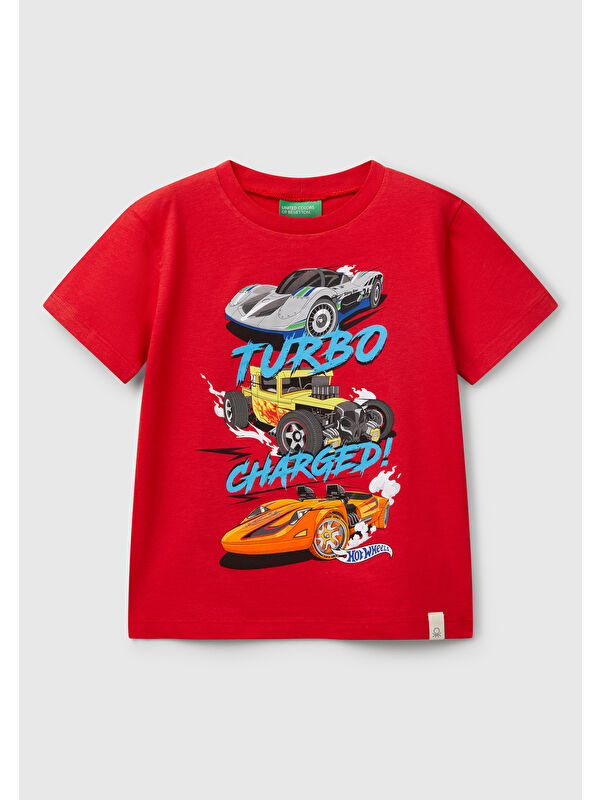 United Colors Of Benetton Erkek Çocuk Kırmızı Hot Wheels Baskılı Logo Etiketli T-Shirt