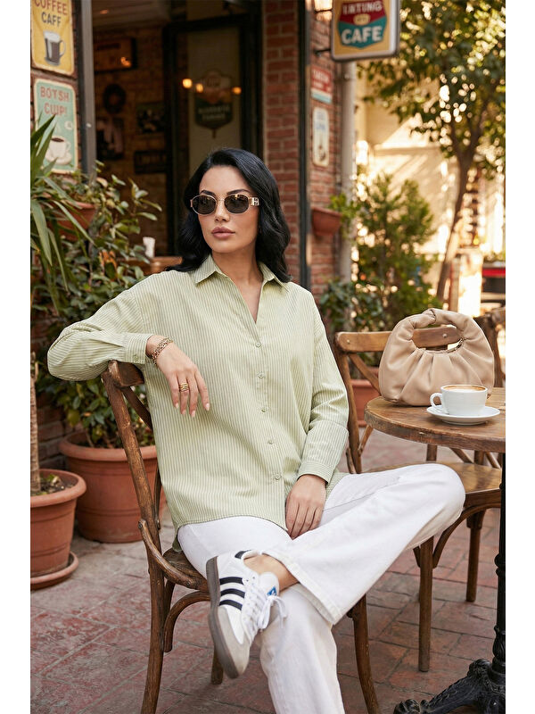 Lela Çizgili Oversize Fit Klasik Yaka Uzun Kollu Kadın Gömlek 6925437