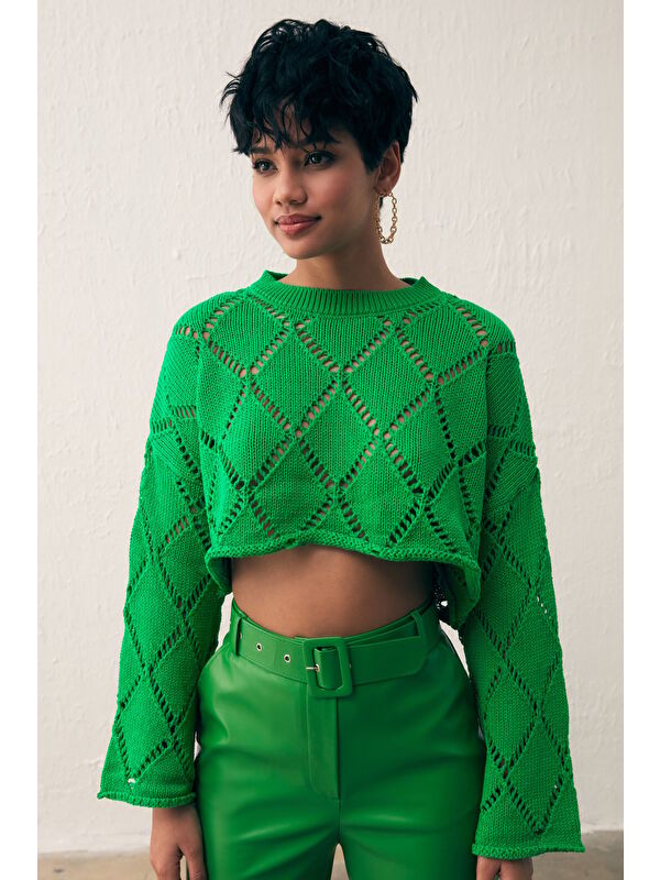 SATEEN Ajurlu Crop Triko - Yeşil