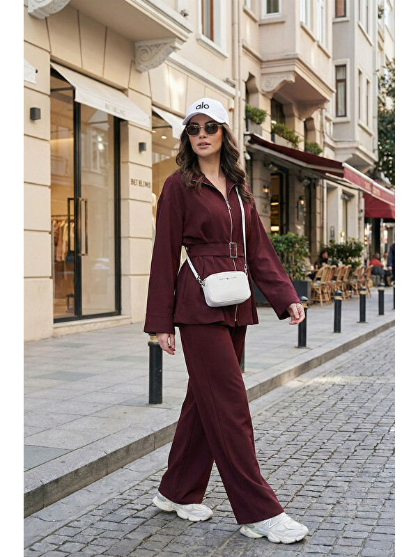 Lela Regular Fit Kemer Detaylı Fermuarlı Geniş Paçalı Kadın Takım 6928879