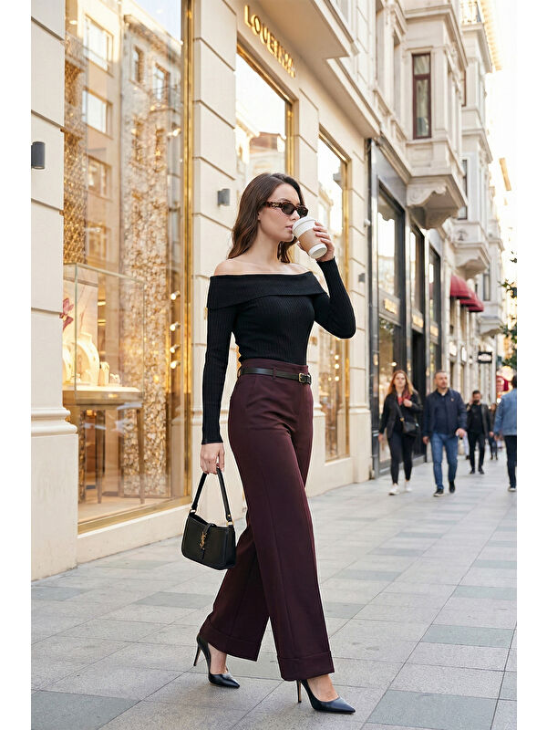 Lela Wide Leg Yüksek Bel Kıvırma Detaylı Bol Paça Kemerli Kadın Pantolon 6923841