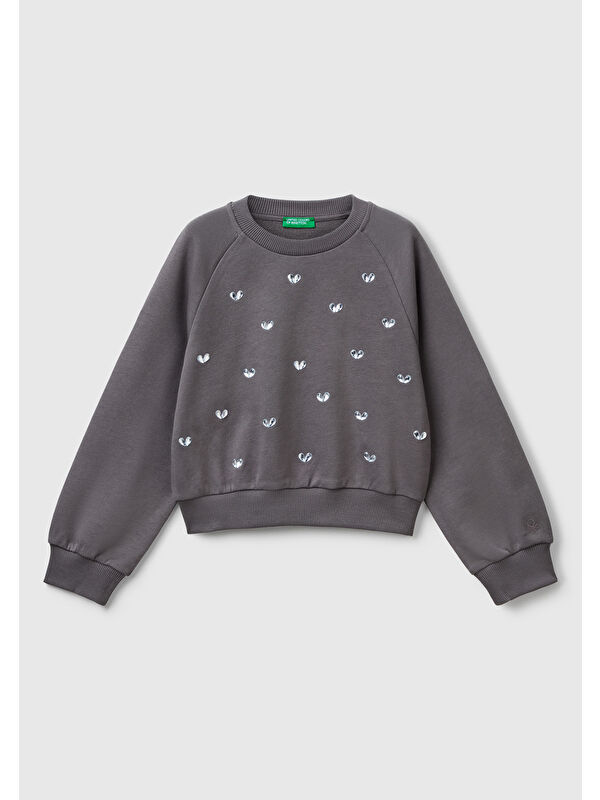 United Colors Of Benetton Kız Çocuk Antrasit Önü Taş Detaylı Ribanalı Bisiklet Yaka Sweatshirt