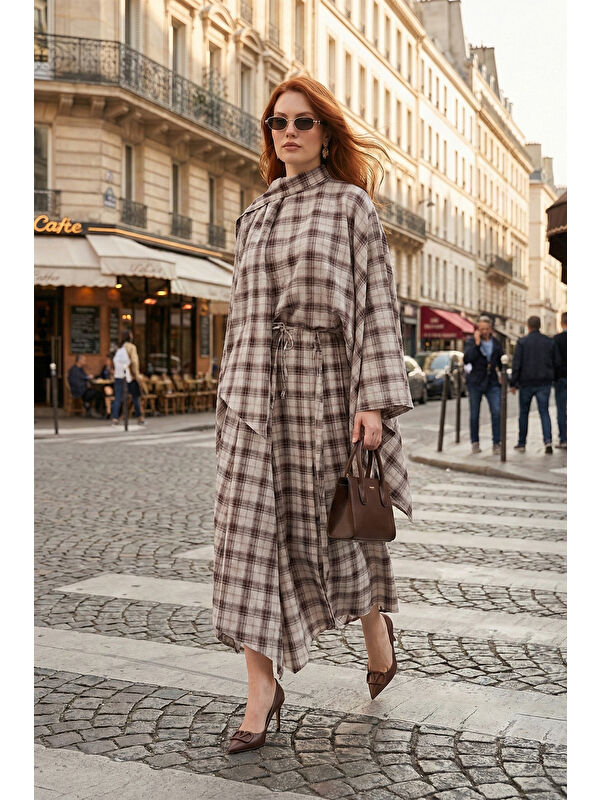 Lela Pamuklu Relaxed Fit Asimetrik Kareli Kadın Midi Etek 6921284