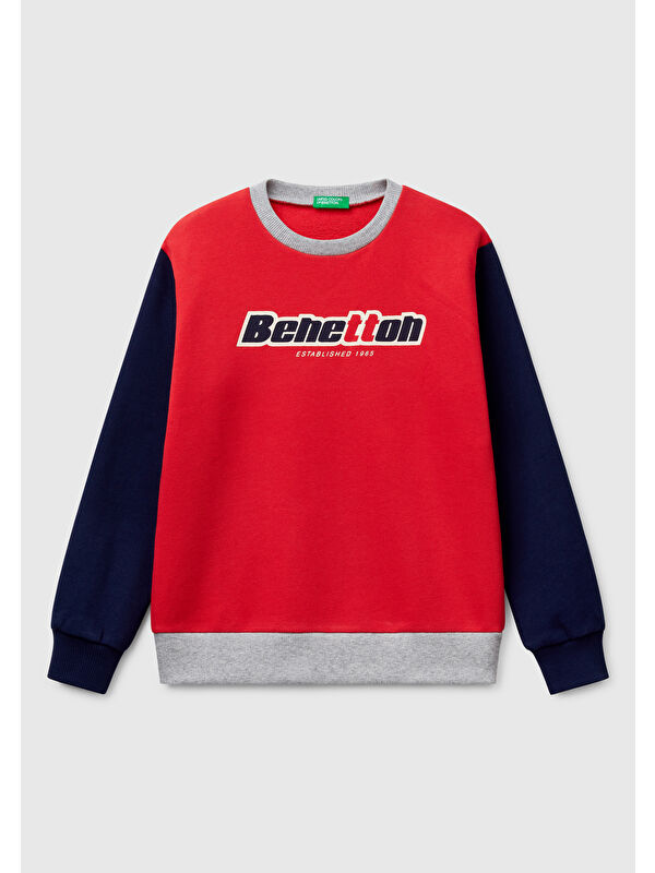 United Colors Of Benetton Erkek Çocuk Kırmızı Mix Benetton Logo Baskılı Bisiklet Yaka Sweatshirt