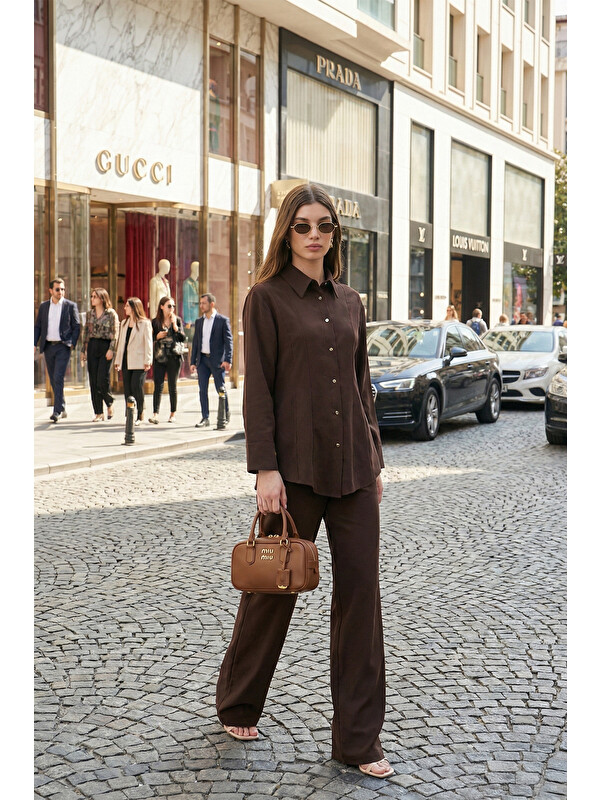 Lela Regular Fit Klasik Yaka Belden Oturan Kadın Gömlek Takım 6928872