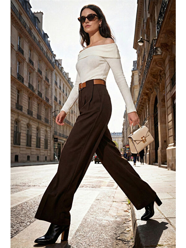Lela Wide Leg Yüksek Bel Bol Paça Kemer Detaylı Kadın Pantolon 6923855