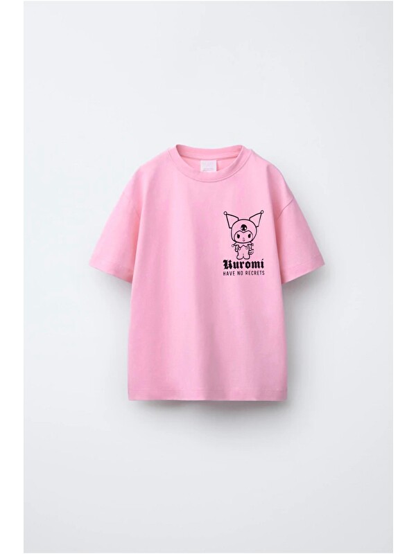 Magu Kız Çocuk Pamuklu Pembe Baskılı T-Shirt – Kısa Kollu Günlük Üst