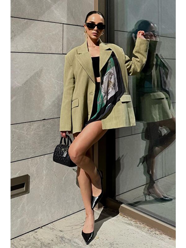 Madmext Çağla Yeşili Keten Blazer Kadın Ceket Mg2443