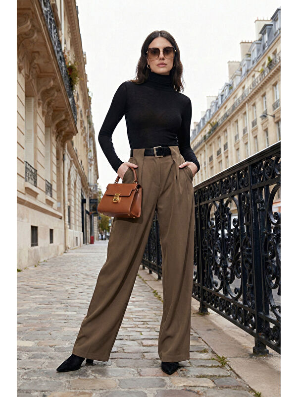 Lela Wide Leg Yüksek Bel Bol Paça Kemer Detaylı Kadın Pantolon 6923855