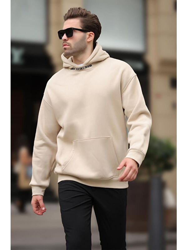 Madmext Bej Kapüşonlu Nakış Detaylı Sweatshirt 7099
