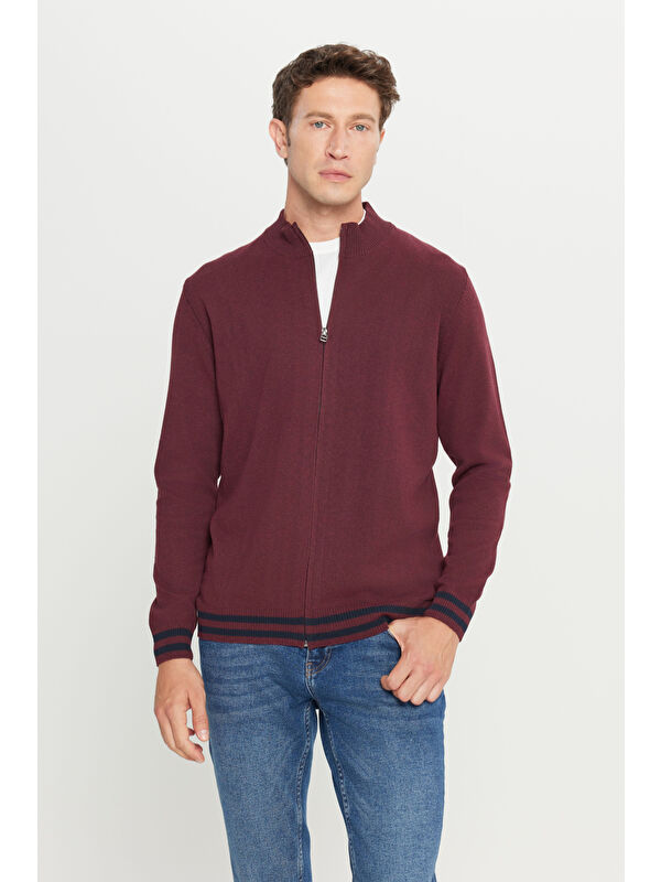 AC&Co / Altınyıldız Classics Bordo Pamuklu Standart Fit Normal Kesim Dik Yaka Triko Erkek Fermuarlı Sweatshirt Hırka