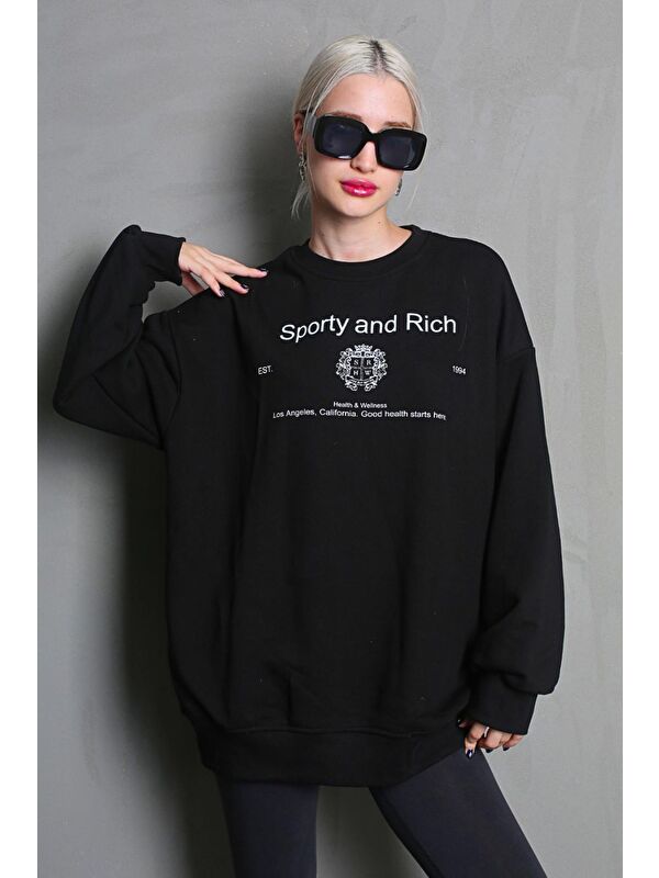 Madmext Siyah Bisiklet Yaka Baskılı Oversize Kadın Sweatshirt Mg1577