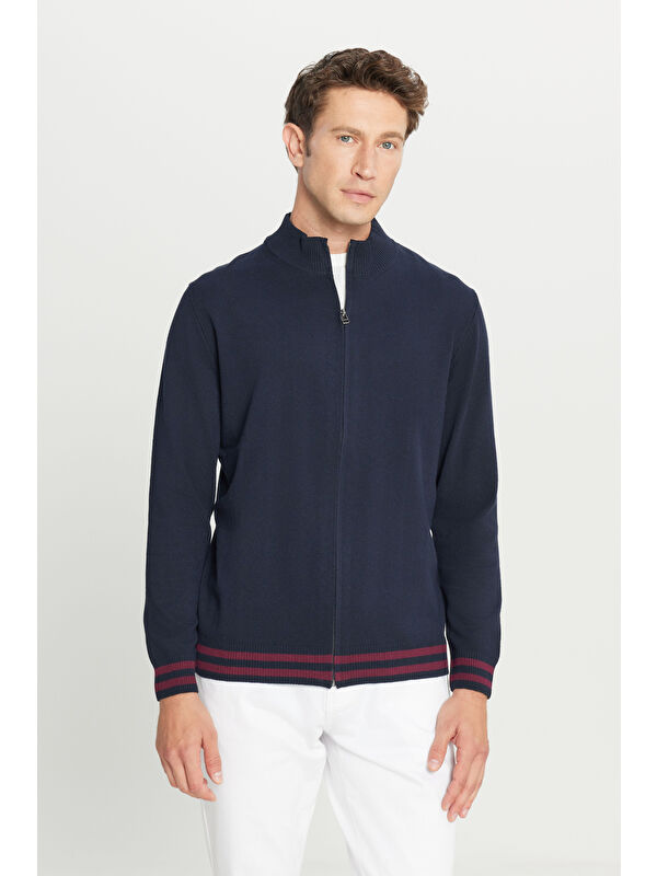AC&Co / Altınyıldız Classics Lacivert Pamuklu Standart Fit Normal Kesim Dik Yaka Triko Erkek Fermuarlı Sweatshirt Hırka