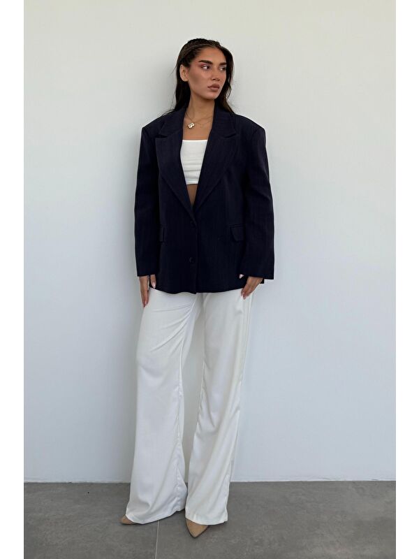 Madmext Lacivert Keten Blazer Kadın Ceket Mg2443