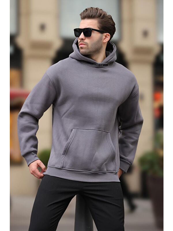 Madmext Füme Kapüşonlu Nakış Detaylı Sweatshirt 7099