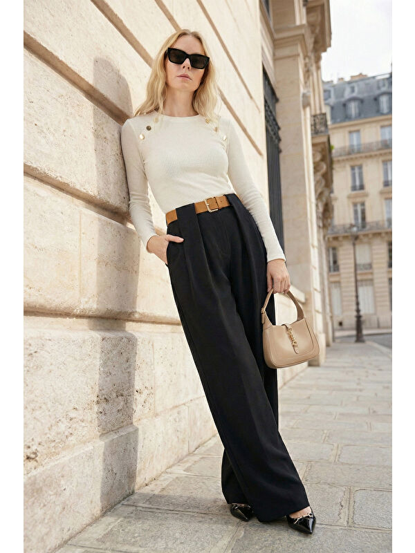 Lela Wide Leg Yüksek Bel Bol Paça Kemer Detaylı Kadın Pantolon 6923855