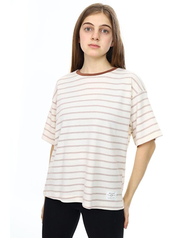 Pengai Krem Çizgili Bisiklet Yaka Kız Çocuk Kısa Kol T-shirt 18380