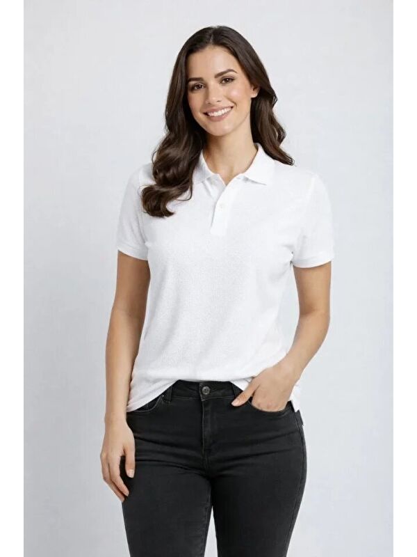 Jane's Pike Kumaş Düğmeli Yaka Regular Rahat Günlük Kısa Kol Tişört T-shirt - Beyaz