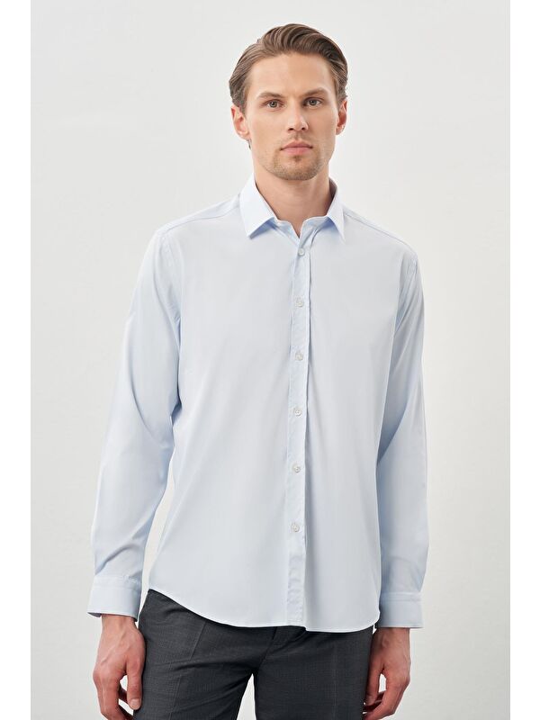 İMZA Koyu Mavi Uzun Kol Düz Bez Ayağı Sert Yaka Cepsiz Esnek Classic Slim Fit Gömlek 1004245223_300