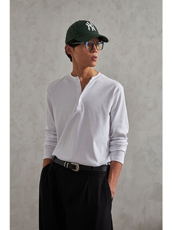 HYMAN Erkek Henley Yaka Düğmeli Penye Bluz