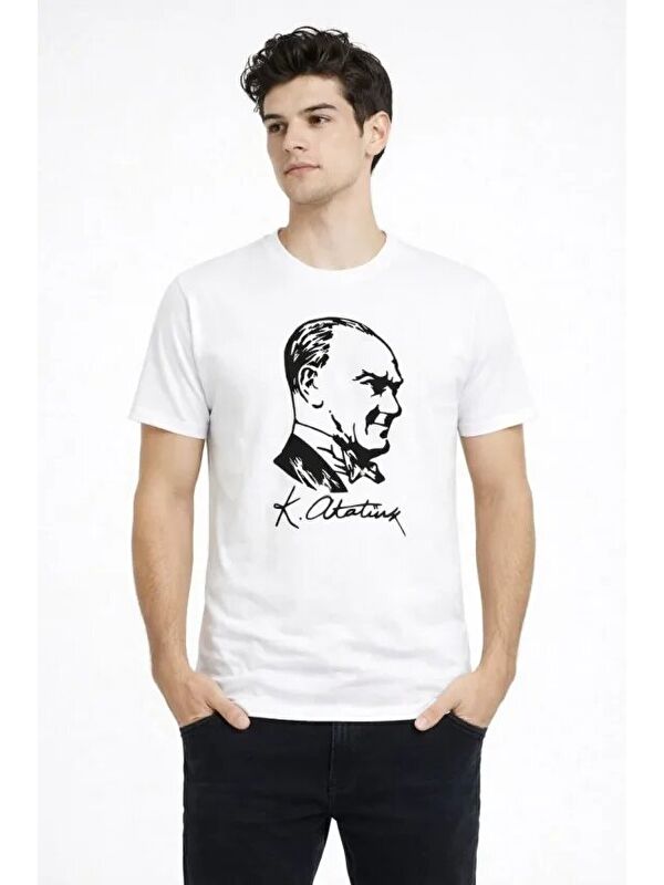 Jane's Erkek Atatürk Baskılı Tişört Kısa Kollu Bisiklet Yaka T-Shirt - Beyaz