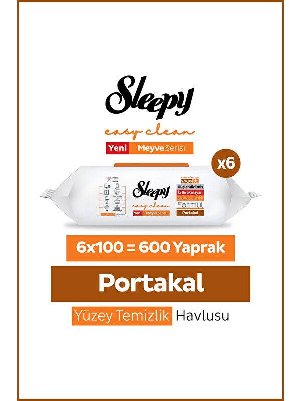 Sleepy Meyve Serisi Yüzey Temizlik Havlusu Mendili Portakal 6x100 (600 Yaprak)