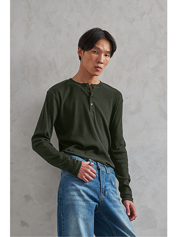 HYMAN Erkek Henley Yaka Düğmeli Penye Bluz