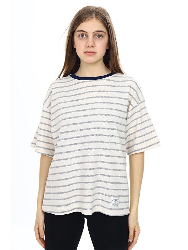 Pengai Lacivert Çizgili Bisiklet Yaka Kız Çocuk Kısa Kol T-shirt 18381