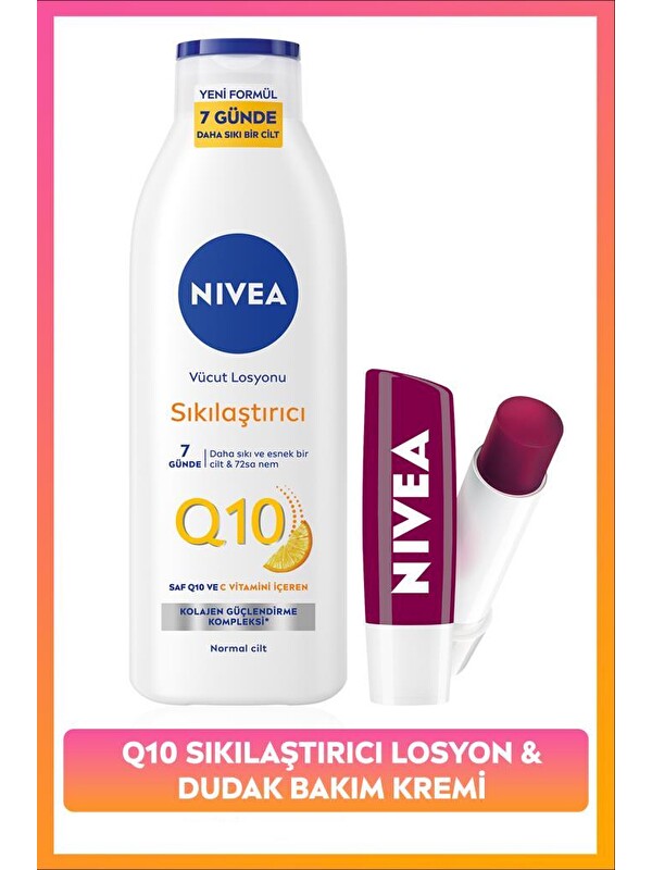 NIVEA Q10 Sıkılaştırıcı C Vitamini Vücut Losyonu 250ml ve Nemlendirici Böğürtlen Dudak Bakım Kremi