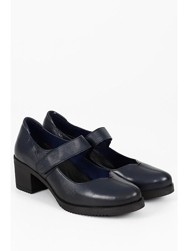 LACİVERT Hakiki Deri Yuvarlak Burun Orta Topuklu Kadın Ayakkabı 24229 - Görsel 3