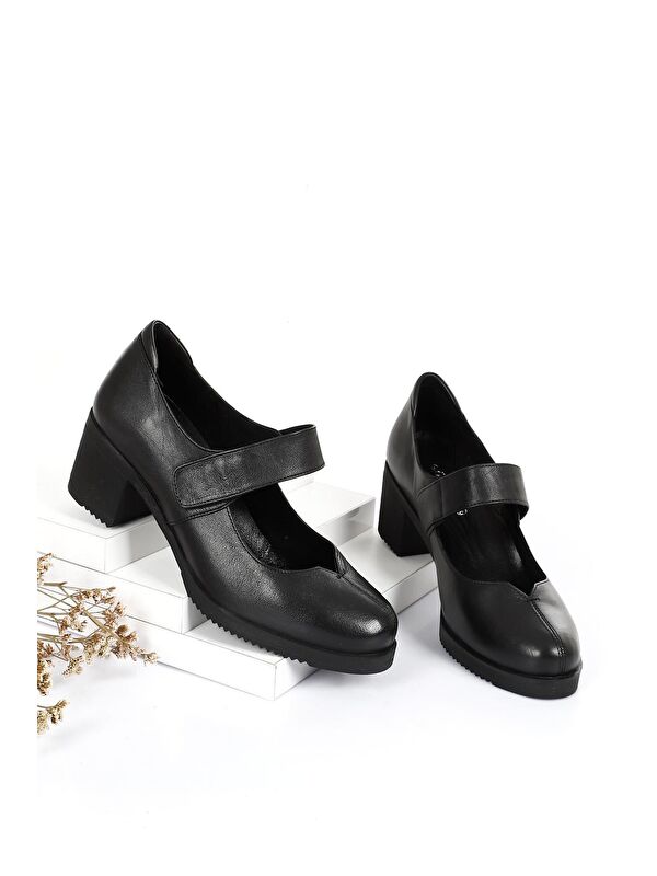 SİYAH Hakiki Deri Yuvarlak Burun Orta Topuklu Kadın Ayakkabı 24229 - Görsel 3