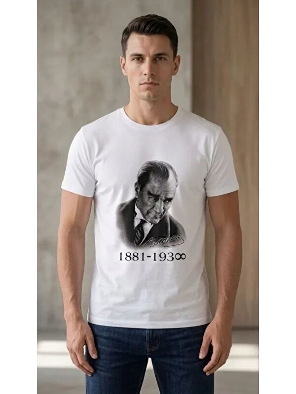 Jane's Erkek Atatürk Baskılı Tişört Kısa Kollu Bisiklet Yaka T-Shirt - Beyaz