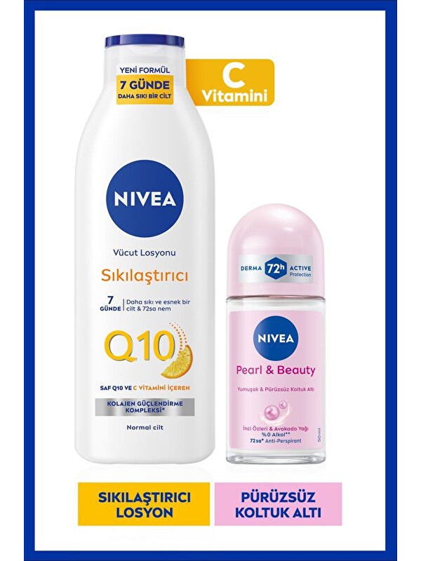 NIVEA Q10 Sıkılaştırıcı Vücut Bakım Losyonu 250ml ve Kadın Roll-on Deodorant Pearl&Beauty 50ml
