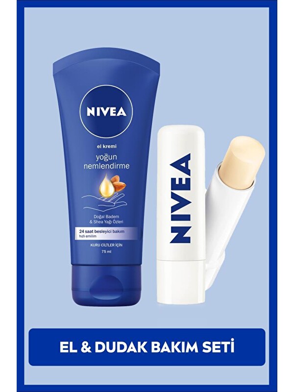 NIVEA Kuru ve Hassas Ciltler İçin Bakım Seti, Nemlendirici Dudak Bakım Kremi Med Repair ve El Kremi 75ml