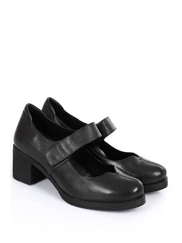 SİYAH Hakiki Deri Yuvarlak Burun Orta Topuklu Kadın Ayakkabı 24229 - Görsel 6
