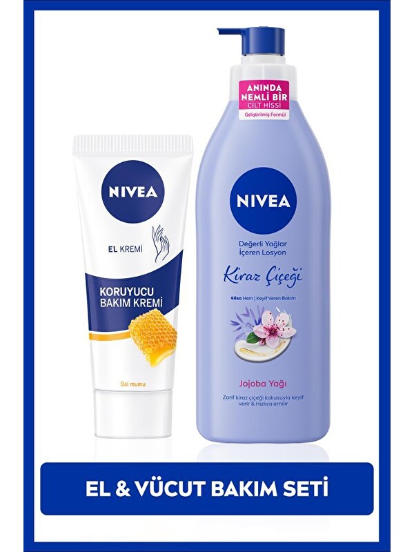 NIVEA Nemlendirici Kiraz Çiçeği Vücut Losyonu 400ml ve Koruyucu Balmumu El Bakım Kremi 75ml
