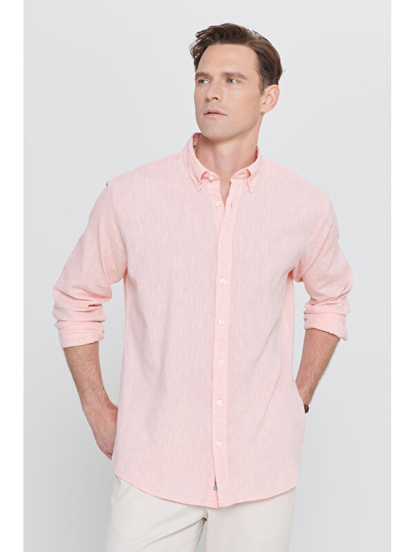 AC&Co / Altınyıldız Classics Erkek Yavruağzı Comfort Fit Rahat Kesim Düğmeli Yaka Casual Keten Gömlek