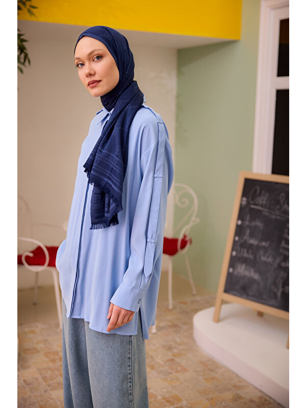 Locco Moda Kadın Kolu Apolet Detaylı Gömlek Mavi
