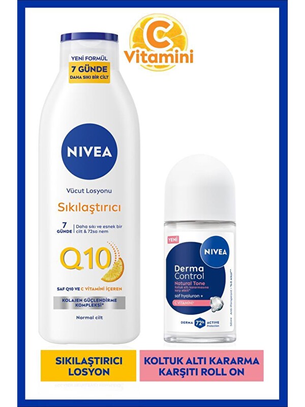 NIVEA Q10 Sıkılaştırıcı Vücut Losyonu 250ml ve Kadın Roll-on Deodorant Derma Control Natural Tone 50ml
