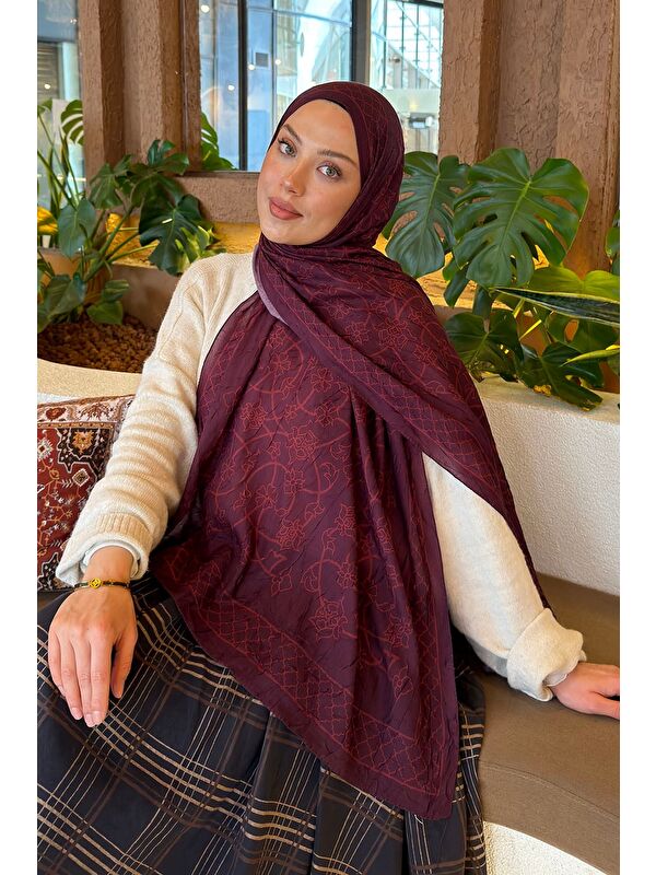 Lamelif Geometrik Desen Bambu Şal Koyu Bordo