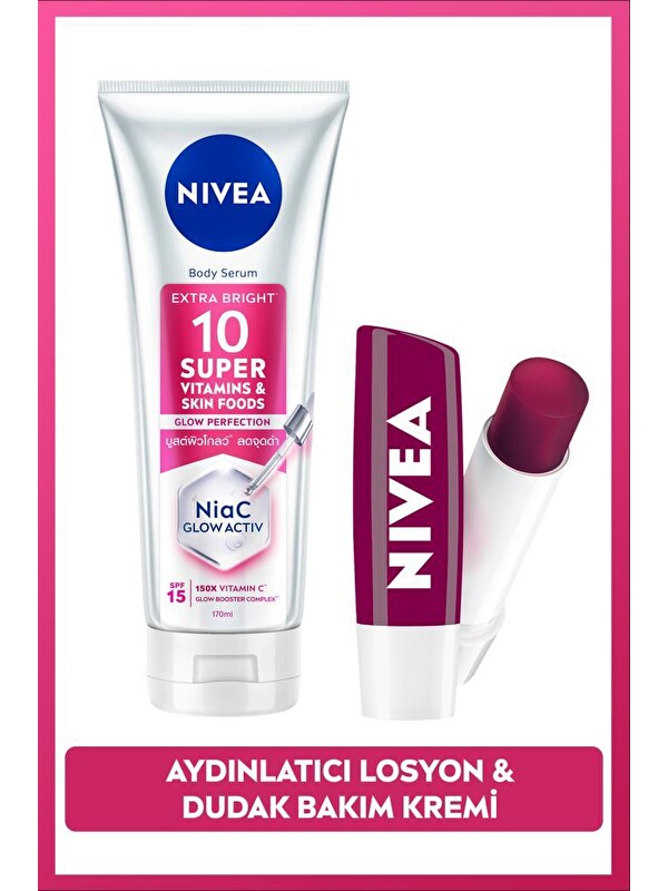 NIVEA SPF15 Super10 Aydınlatıcı,Nemlendirici Vücut Losyonu 170ml ve Böğürtlen Dudak Bakım Kremi,Bakım Seti